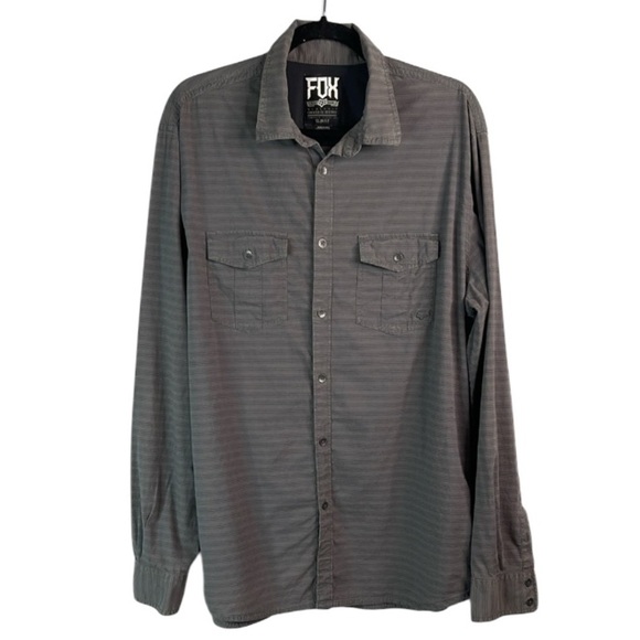 Fox Mens Horizontal Striped Button-Up Shirt Grey Long Sleeves Collar Slim Fit XL - Picture 2 of 15
